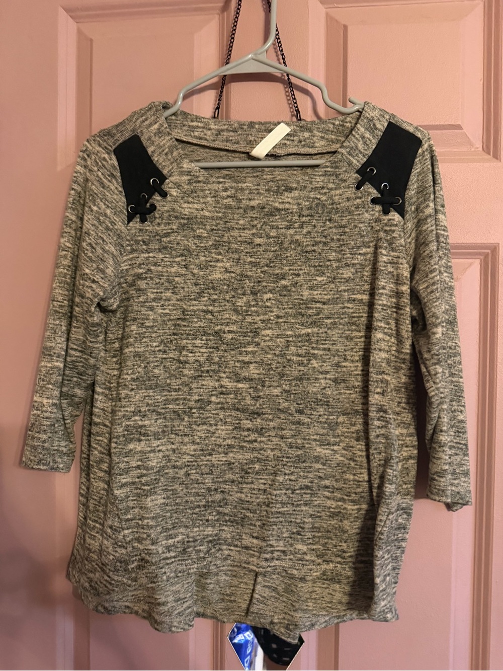 Heather Gray Marled Pullover with Black Lace-Up Shoulder Panels